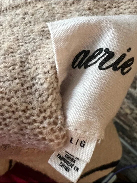 aerie Beige crewneck sweater with Black Stripes - Picture 2 of 3